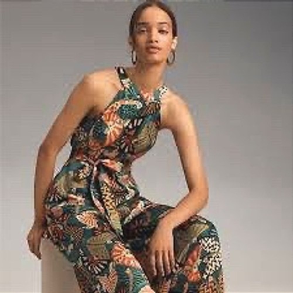 FARM Rio Jumpsuit Green Tropical Butterfly Halter Wide Leg Anthropologie L - Picture 8 of 10